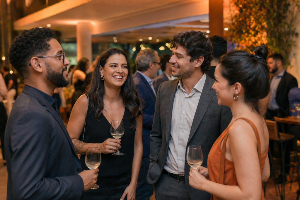Convidados conversam durante evento social